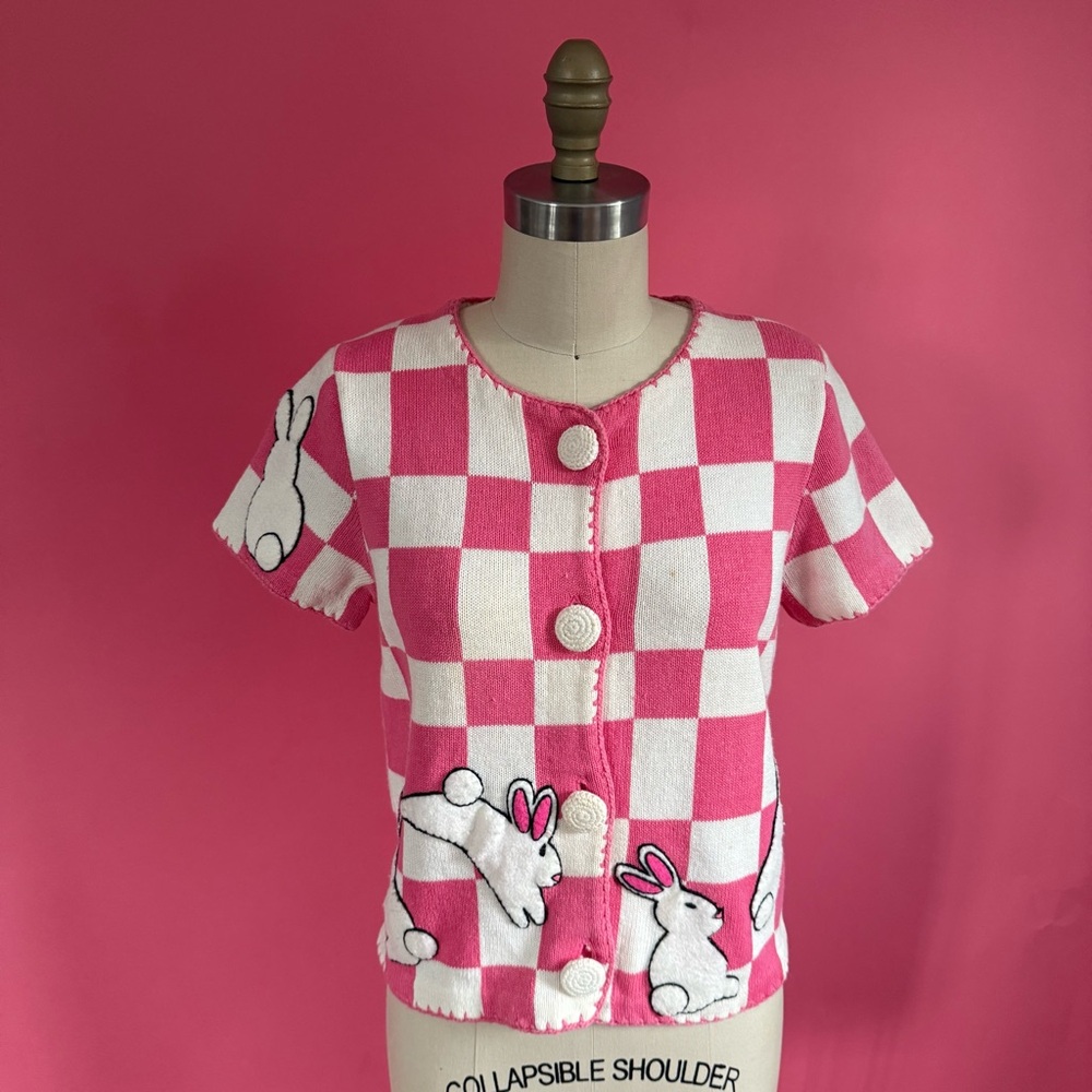 Vintage 90s 1995 Michael Simon Bunny Bubble Gum Checkered Short Slv Cardigan S